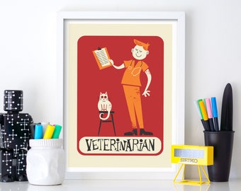 Print Gift For Veterinarian, Funny Animal Cat Pet, Personalized Poster Pick The Colors, Vintage Mid Century Modern Art, Future Veterinarian