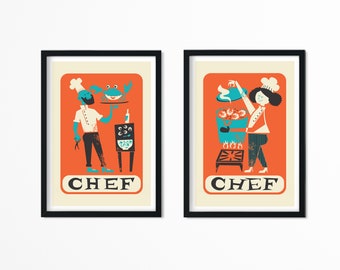 Set Of Chef Posters Prints, Change Text & Colors, Restaurant Kitchen Decor, Large Wall Art, Minimal Mid 50s Style, Personalized Chef Gift