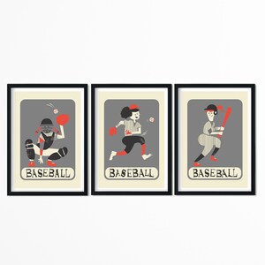 Conjunto de três pôsteres do time de beisebol feminino, decoração de parede personalizada de meados do século, presente para amantes do esporte, arremessador de massa para meninas