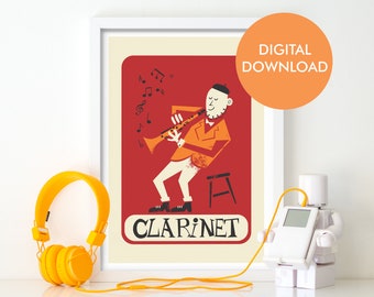 Digital Download Clarinet Illustration, Instrument Clarinetist Poster Gift, Opera House Orchestra, JPG PNG Art Print, Custom Change Colors