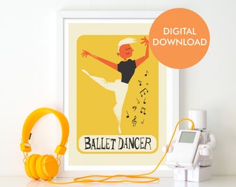 Male Ballet Dancer Printable Poster, Fun Retro Style Instant Download Print, Dance Studio Wall Decor, Graphic Illustration, School Gifts