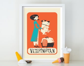 Veterinarian Poster, Fun Gift For Female Coworker Sister Mother, Doctor Vet Gift Print Personalized Mid Century Name of Your Choice, Pet Dog