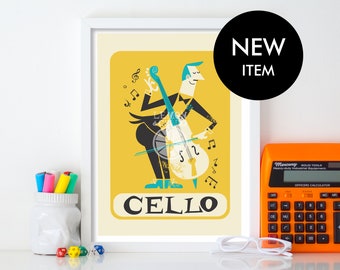 Male Cellist Player, Cello Gift Poster, Musician Vintage Print, Cello Wall Art, Music Studio Decor, Instrument Jazz Art, Nerdy Birthday Gift