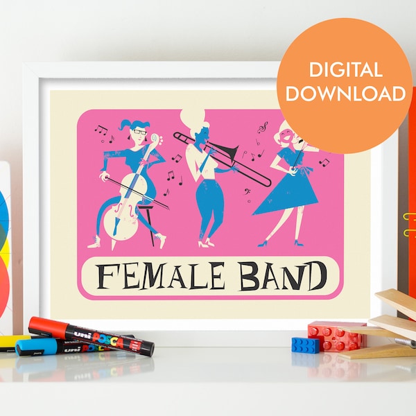 All-Female Band Printable Poster, Music Students Beginner Mid 50s Print, Png Instant Download Music Room Decor, Rock Star Band Member Art