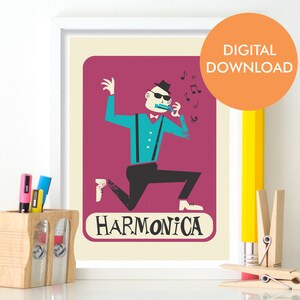 Harmonica Christmas Gift Printable Poster, Funny Gift Music Student, Instant Download Artwork Wall Decor, Instrument Music Lover Print Gift