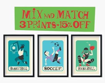 Sport Set Of Three Posters, Custom Mix And Match 3 Prints, Personalised Mid Century Gym Wall Art, Gift For Sport Lovers, Girls Boys Kids