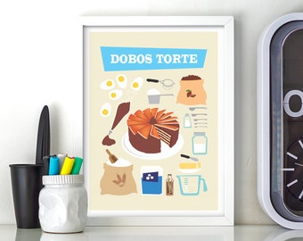 Dobos Torte Recipe Print, Hungarian Dobosh Cake, Kitchen Wall Decor illustration Ingredients, Gift for Him, Vintage Poster Housewarming Gift