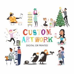 Custom Artwork, Commissioned Illustration, Digital or Printed, Mother’s Day Gift for Her, Mid Century Housewarming, Christmas Card Portrait