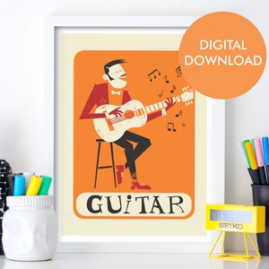 Man Playing Guitar Printable Poster, Gift For Student Teacher, Instant Download Wall Decor, Rock Print, Music Lover Gift, Mid Century Art