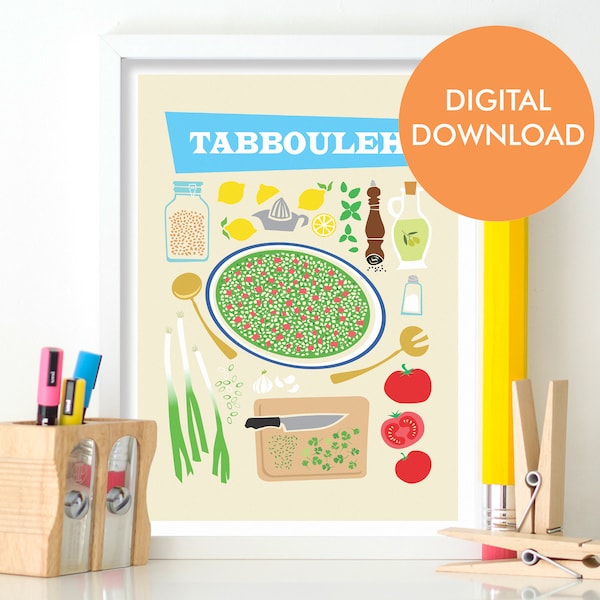 Lebanese Tabbouleh Salad Print, Printable Bulgur Tabouli Poster, Digital Download Arabic Middle East Illustrated Food, Kitchen Wall Decor