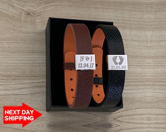 Personalized Leather Dad Bracelet, Sterling Silver Baby Footprint Charm