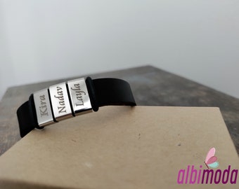 Personalized Leather Dad Bracelet, Engraved Sterling Silver Charms