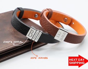 Personalized Leather Dad Bracelet, Sterling Silver Charms, Kids Names