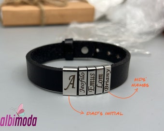 Personalized Leather Dad Bracelet, Sterling Silver Charms, Kids Names