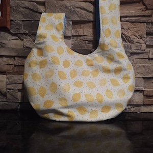 Large Reversible Japanese Knot Bag / Lemon Japanese Knot Bag / Blue Floral Japanese Knot Bag