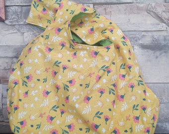 Japanese Knot Bag / Reversible Japanese Knot Bag / Large Japanese Knot Bag / Yellow Floral Japanese Knot Bag / Green Japanese Knot Bag