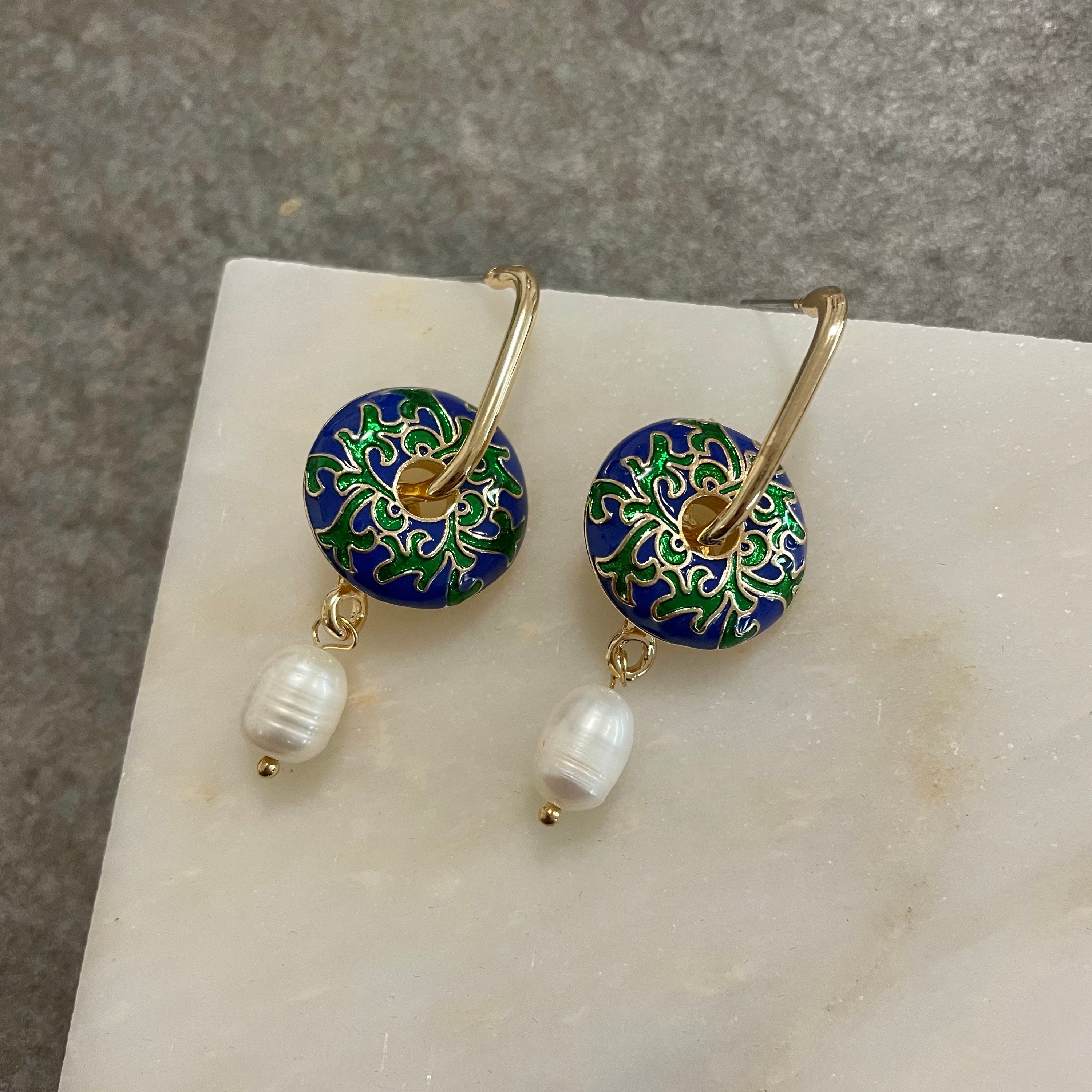 Japanese Style Earrings With Gold Green and Blue Plate and Etsy UK