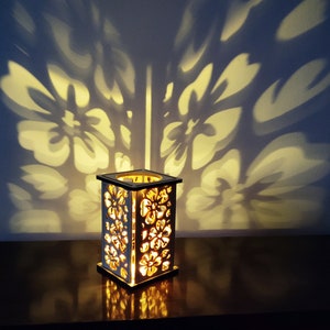 Cherry Blossoms in Spring Rustic 6 inch lantern, shadow casting, natural wood LED candle holder, Gift for Anyone