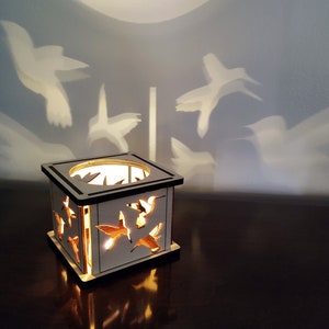 Hummingbirds shadow casting natural wood LED lantern, Rustic 3 inch candle holder, laser light box, Gift for Anyone