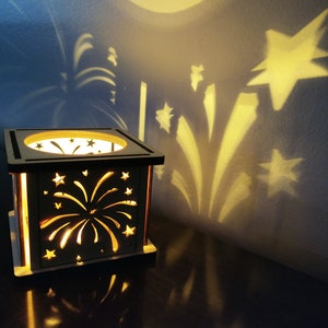 Fireworks shadow casting natural wood LED lantern, Rustic 3 inch candle holder, laser light box, Gift for Anyone