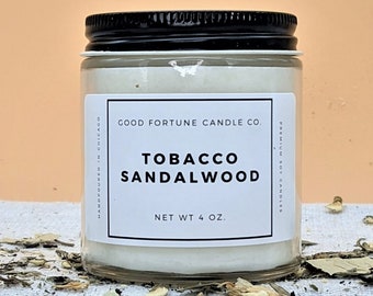 Homemade Premium Soy Wax Scented Candle in Tobacco Sandalwood | Strongly Scented Jar Container Candle | Handmade in Chicago | 8oz 4oz