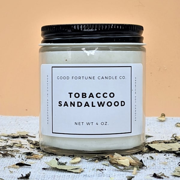 Homemade Premium Soy Wax Scented Candle in Tobacco Sandalwood | Strongly Scented Jar Container Candle | Handmade in Chicago | 8oz 4oz