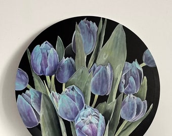 Tulips oil painting,Blue flowers, Round painting, Blue tulip, Roung canvas, Original art, Ideas for gift, 13,77х13,77 inch by MDenGallery