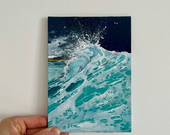 « Peinture à l'huile de mer, vagues, océan, embruns, éclaboussures, éclaboussures, brise, miniature, décoration murale de mer, 7,08х5,11 pouces » par MDenGallery