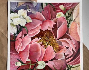 Pintura al óleo original de peonías rosas, arte botánico floral (11,81 x 11,81 pulgadas)