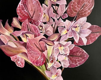 Anthurium oil painting, Realistic flowers painting, Pink flowers, Orchid, Original art, Ideas for gift, 19,68х19,68 inch by MDenGallery