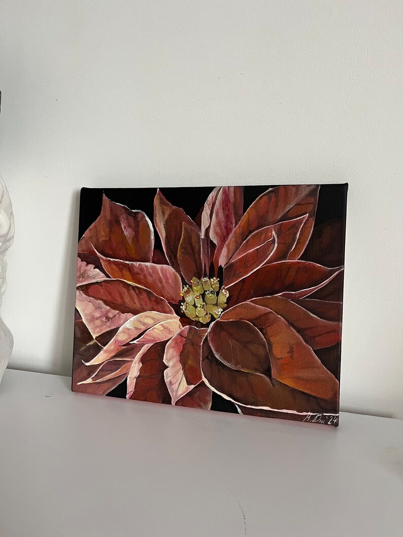 Poinsettia oil painting, Realistic flowers painting, Macro botanical, Red flower,Original art, Ideas for gift, 7,87x9,44 inch by MDenGallery zdjęcie 2