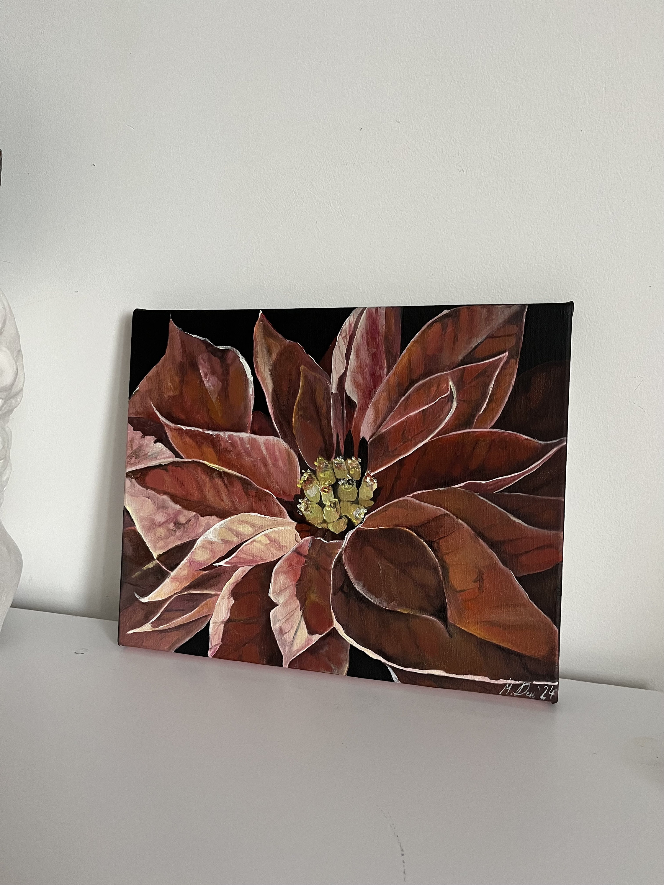 ポインセチアの油絵：マクロボタニカルアート、オリジナルの花のアート