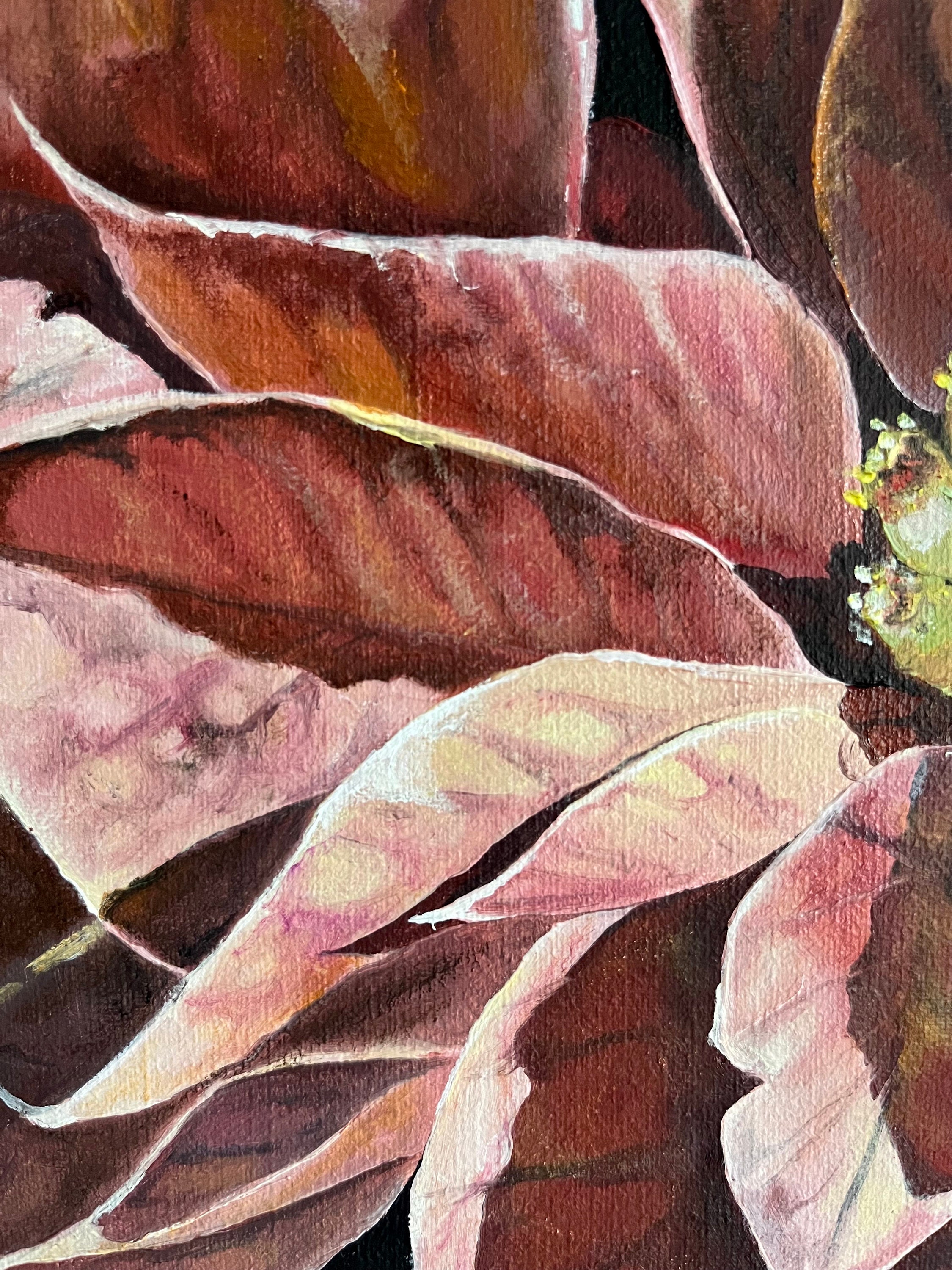 ポインセチアの油絵：マクロボタニカルアート、オリジナルの花のアート