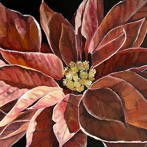 Poinsettia oil painting, Realistic flowers painting, Macro botanical, Red flower,Original art, Ideas for gift, 7,87x9,44 inch by MDenGallery zdjęcie 1