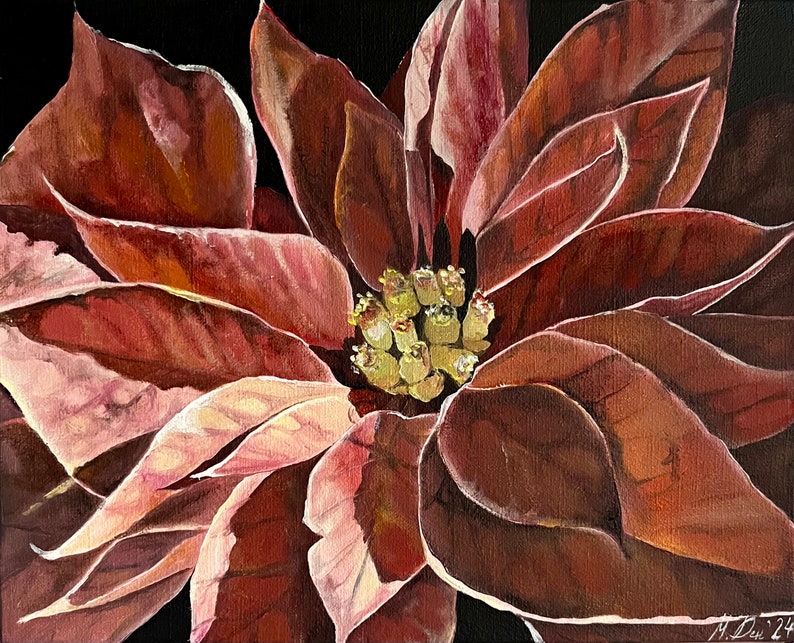 Poinsettia oil painting, Realistic flowers painting, Macro botanical, Red flower,Original art, Ideas for gift, 7,87x9,44 inch by MDenGallery zdjęcie 1