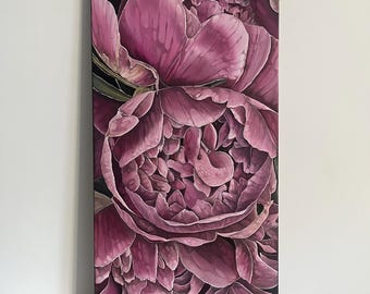 Pintura al óleo de peonía rosa: arte floral macro (60 x 30 cm)