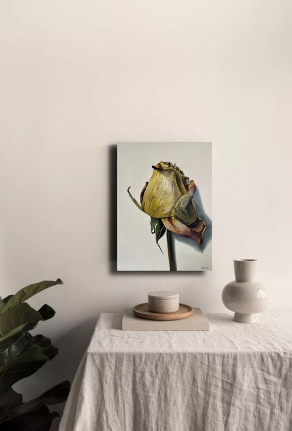 黄色いバラの油絵：写実的な花の静物画（15.74x11.81インチ） - Etsy 日本