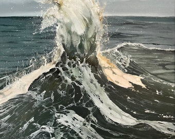 Storm, Seaway, Ocean waves oil painting, Sea art, Splash, Blue color, Seascape, Sunset, Waves, Realism 19,68x 15,74 inch by MDenGallery