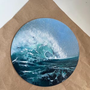 Zeeolieverfschilderij, splash, storm, grote golven, turkoois, schuim, miniatuur, zeemuurdecor, d = 7,87 inch
