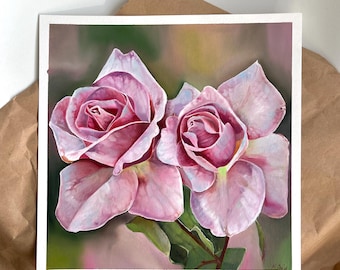 Pintura al óleo de rosas rosadas, arte floral botánico, naturaleza muerta original (30 x 30 cm)