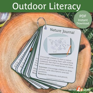 May include: A set of printable nature journal cards with a green border and white background. The cards feature a drawing of a plant with the words "Stem", "Flowers", "Leaves", and "Berries" labeled. The text on the card reads "Nature Journal" and includes instructions for using the cards to encourage children to start a nature journal.