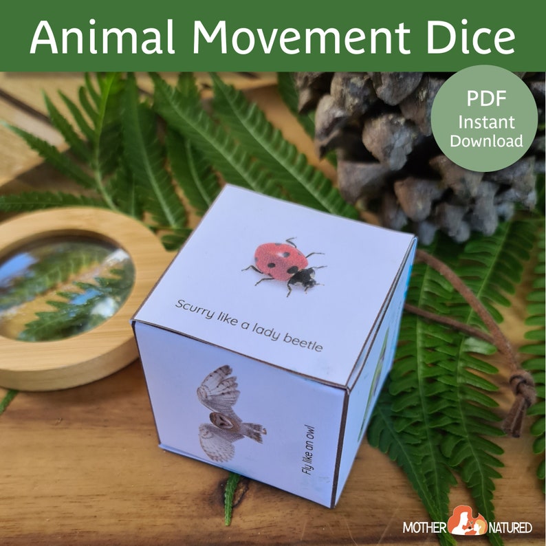 May include: A printable animal movement dice with six sides, each featuring a different animal and movement instruction. The sides show a ladybug with the instruction "Scurry like a lady beetle" and an owl with the instruction "Fly like an owl".
