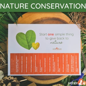 Op de afbeelding: Een printbare poster met een groen hart en de tekst "Start één simpele handeling om iets terug te geven aan de natuur." De poster somt 14 manieren op om het milieu te helpen, zoals het gebruik van herbruikbare tassen, het oprapen van afval en het beginnen van een moestuin.