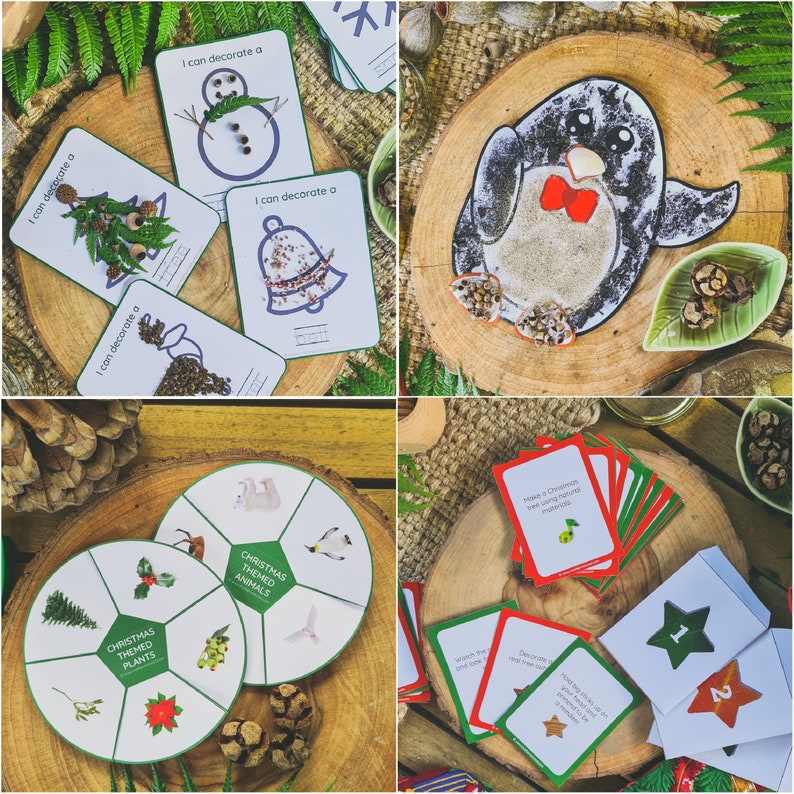 May include: A set of Christmas-themed activity cards and games for kids. The cards feature images of Christmas trees, penguins, snowmen, and bells. The games include a Christmas-themed animal and plant spinner wheel and a set of Christmas-themed activity cards.