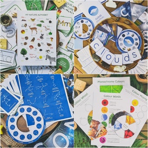 May include: A collection of educational resources for children, including alphabet charts, cloud identification cards, a color wheel, and constellation charts. The resources are printed on white paper and feature colorful illustrations.