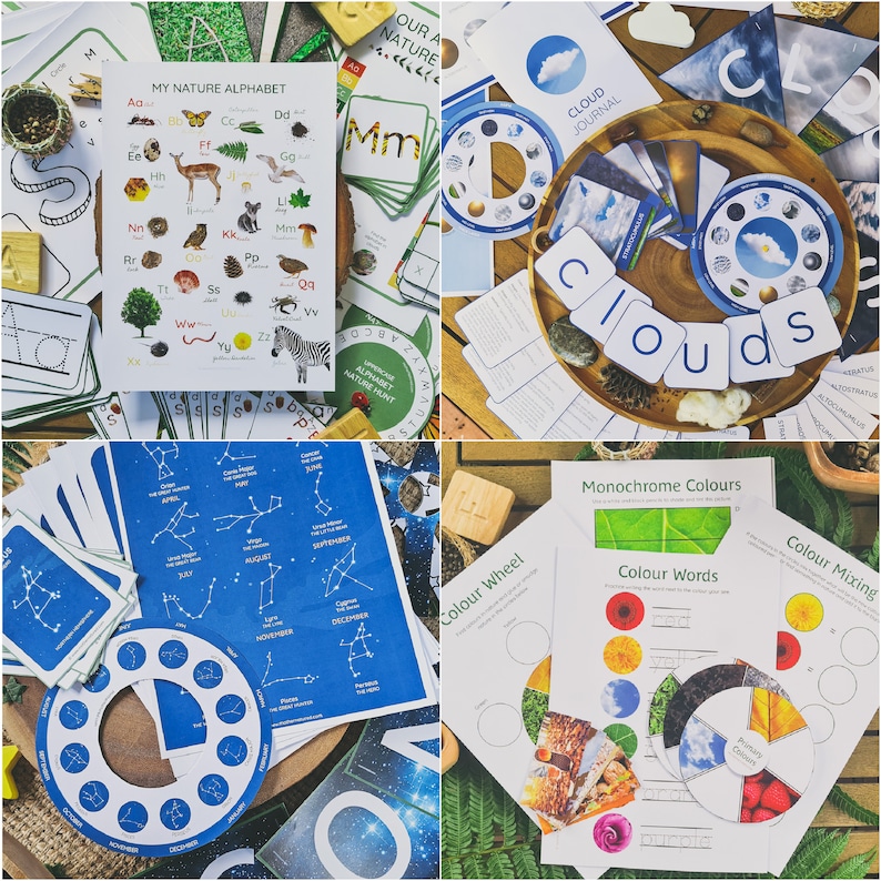 May include: A collection of educational resources for children, including alphabet charts, cloud identification cards, a color wheel, and constellation charts. The resources are printed on white paper and feature colorful illustrations.