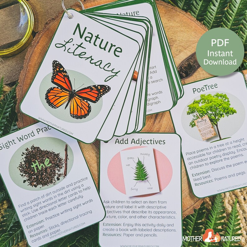 May include: A set of colorful printable cards for nature literacy activities. The cards feature a butterfly, a tree, and a stick. The cards include instructions for activities such as sight word practice, adding adjectives, and creating a nature poetry display.