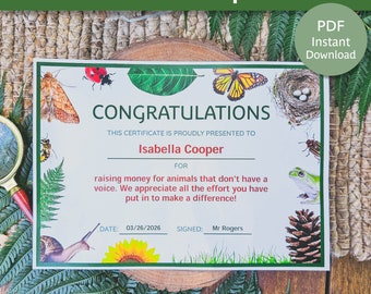 Certificados de naturaleza editables / Premio con temática de naturaleza / Premio de escuela forestal / Certificado de educación en la naturaleza / Certificado de juego en la naturaleza /