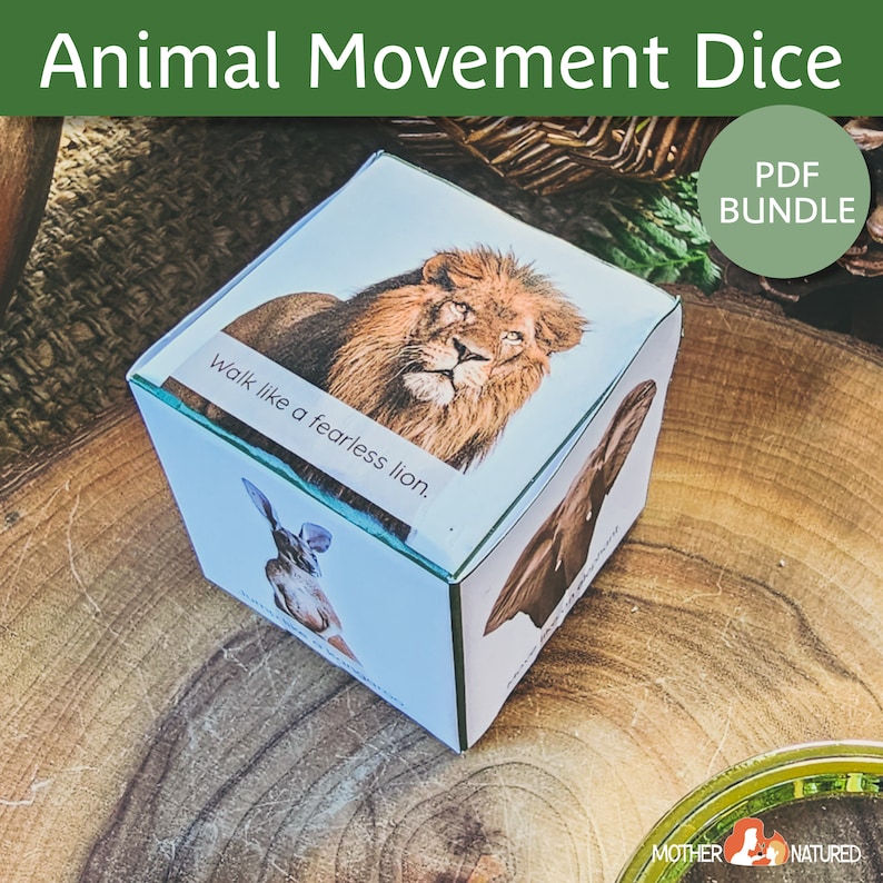 Puede incluir: Un cubo blanco con im&aacute;genes de animales en cada lado. El cubo tiene el texto "walk like a fearless lion." en un lado. El cubo est&aacute; sentado sobre una superficie de madera.