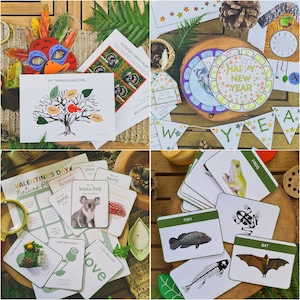 May include: A set of educational cards featuring nature-themed illustrations and text. The cards include images of a frog, fish, bat, and a koala. The text on the cards includes words like "koala-fied", "friend", "slow", and "berry".